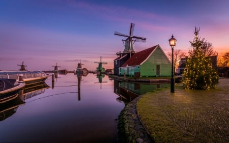 Evening in Zaanse-Shans, Netherlands - windmills, netherlands, canal, evening