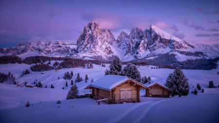 Log cabin in Seiser Alm (Alpe di Siusi)Italy - clouds, winter, villake, cabin, snow, nature, mountains, italy, sky