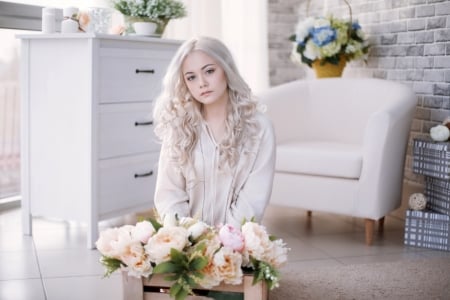 Blonde girl with peonies - Girl, Blonde, Flowers, Lady, Peonies