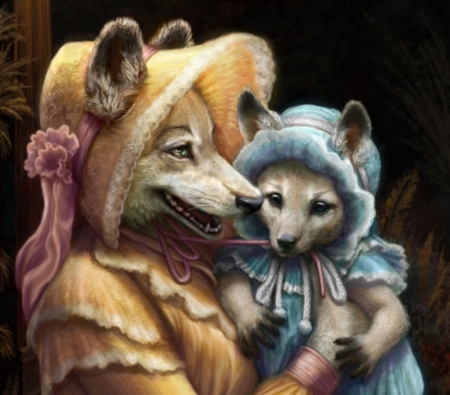 â™¥ - cub, hat, lup, mother, child, fantasy, wolf, art, pink, luminos, blue, animal, cute, bjpentecost