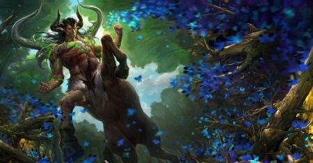 Zodiac ~ Sagittarius - centaur, zodiac, fantasy, eyes lunar eclipses, forest, sagittarius, man, blue, luminos, green, flower