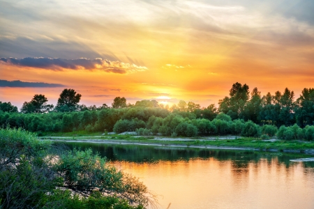 Sunset - sky, clouds, dawn, river, shore