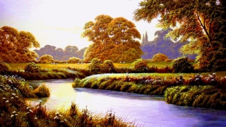 Autumn River Landscape - nature, autumn, art, trees, landscape, river