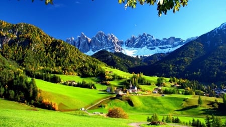 Funes Valley,Italy - italy, mountains, villahe, meadow, landscape, valley, alps, grass, sky, nature