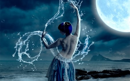 Agra Viva - moon, water, beautiful, ocean, magical, blues, enchanting, seas, woman, Fantasy