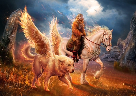 Magic Ride - pegasus dog, mystic, man, art, horse