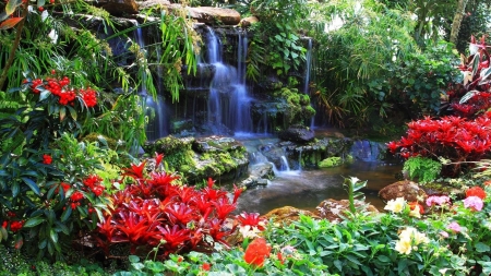 Lovely Waterfall - flowers, trees, nature, waterfall, park