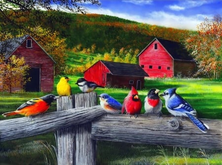 Vacation time - vacation, beautiful, spring, fence, mountain, cardinals, countryside, nature, barn, friends, gathering, farm, art