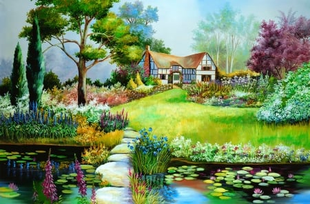 Wild spring - cottage, freshness, spring, nature, art, pretty, blossoms, wild, beautiful, house, pond, grass