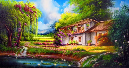 Amazing countryside - cottage, scenic, peaceful, paradise, countryside, picturesque, spring, art, amazing, rural, beautiful, house, pond, flower