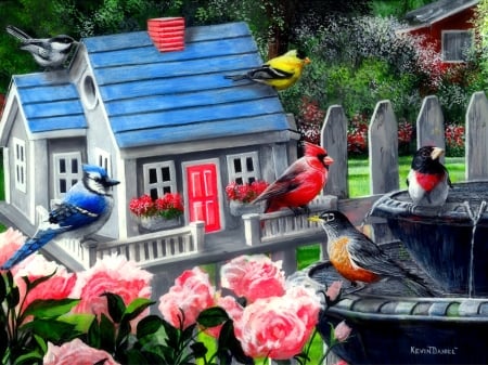 Vacation time - fence, roses, gathering, countryside, colorful, time, spring, vacation, painting, cardinals, view, art, roof, beautiful, house, flowers