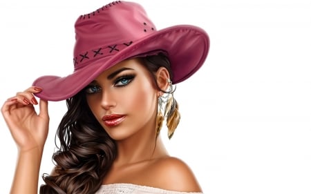 Beauty - hat, girl, pink, frumusete, cowgirl, white, hand, woman, face, luminos