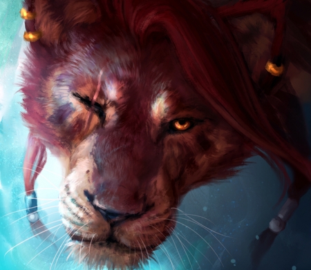 Nanaki - lion, leu, eyes, water, fantasy, face, wolnir, pink, red, blue, luminos, feather