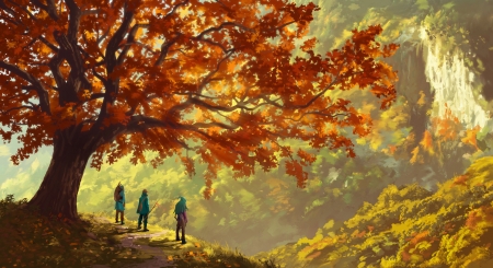 Not yet - yellow, people, orange, tree, sylvain sarrailh, elf, fantasy, toamna, autumn, art, luminos