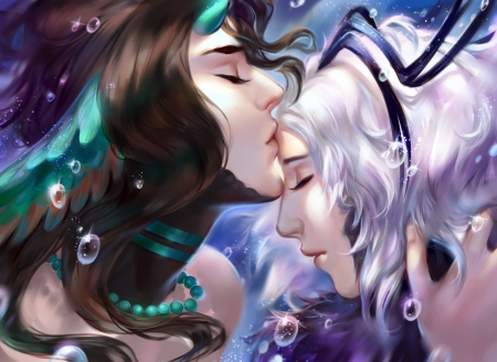 Mermaid's promise - couple, girl, fantasy, purple, kiss, pink, witless, luminos, mermaid, man, green