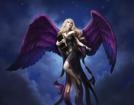 Angel - feather, purple, blonde, girl, blue, wings, fantasy, james ryman, luminos, inger, angel