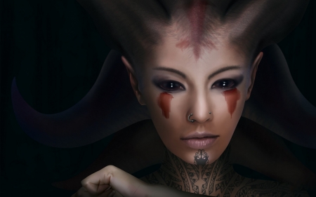 Demon - face, art, girl, luminos, fantasy, demon