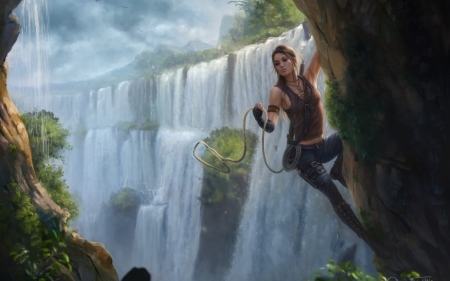 Lara Croft - tomb raider, art, girl, luminos, summer, waterfall, lara croft, fantasy