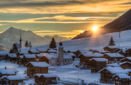 Winter Sunset - nature, sky, village, houses, landscape, snow, winter, sunset