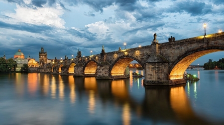 Charles Bridge, Prague - nature, reflection, clouds, river, city, bridge, lights