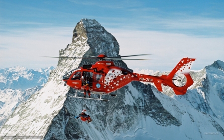 Helicopter of Rescuers - helicopter, landscape, rescuers, mountains