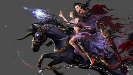 Fantasy couple - girl, man, horse, frumusete, black, fantasy, purple, red, feimo, unicorn, couple, luminos