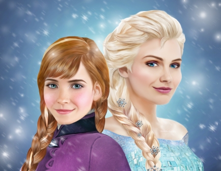 Anna and Elsa - blue, girl, snow queen, fantasy, frozen, anna, purple, sister, fanart, princess, elsa, disney, luminos