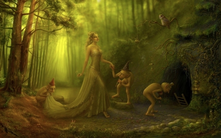 Lady and the Lair - pretty, trolls, cornacchia, female, beautiful, girl, lair, fantasy, green, digital, woman, art