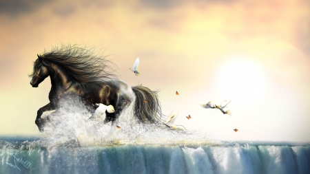 Running - bird, fantasy, animal, water, waterfall, summer, horse