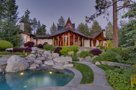 Resort Near Lake Tahoe - house, trees, California, nature, pond