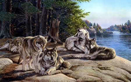 Wolves - water, wolf, forest, tree, river, lup, pictura, al agnew, animal, painting, art