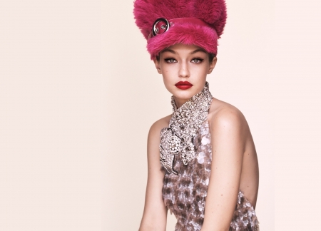 Gigi Hadid - woman, fur, gigi hadid, hat, girl, pink, model