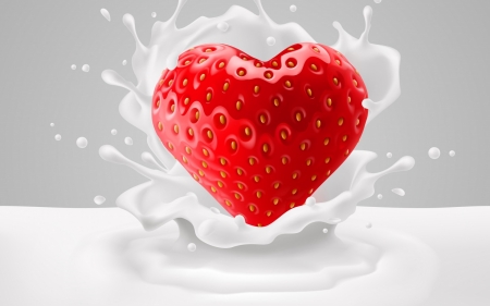 :) - strawberry, milk, heart, valentine, creative, fantasy, fruit, red, card, food