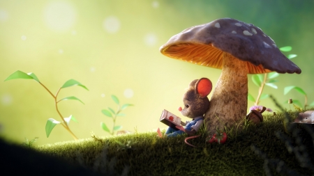 Summertime Reading - flowers, sunlight, mushroom, book, acorn, grass, mouse, leaves