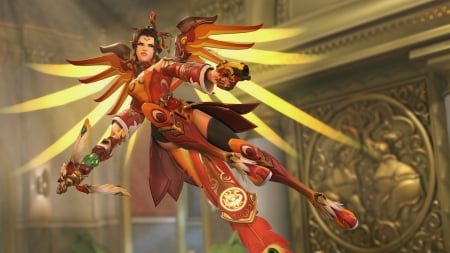 Mercy - beauty, woman, lady, angel, female, wings, videogames, dog year, overwatch, armor, games, pretty, red