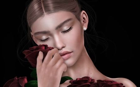 Pretty woman - Bouquet, Woman, Face, Roses