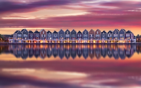 :) - house, sunset, water, cloud, reflection, pink, sky