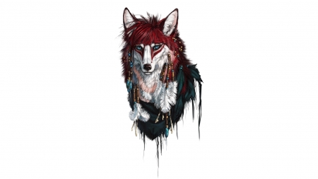 Fantasy fox - white, fox, red, feather, fantasy, minimalistic