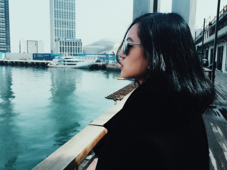 Girl with sunglasses - woman, yacht, people, girl, sunglasses, asian, black hair, port