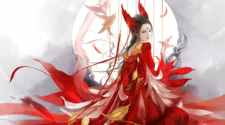 Princess - moon, dress, girl, fantasy, white, red, asian, luminos, luna