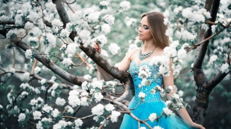 Beauty - white, blue, blossom, woman, model, girl, spring, flower