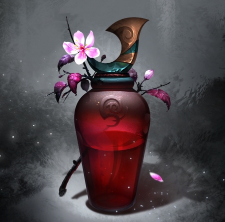 Like a magical story - vase, flower, pink, fantasy, red, art, zhenxing zhang, luminos, glass