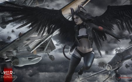 Demoness - game, fantasy, wings, girl, warthunder, feather, luminos