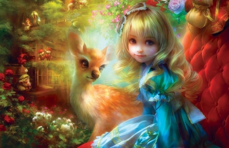 Alice with a deer - shu, frumusete, fantasy, deer alice, blue, red, girl, luminos