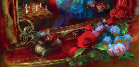 Kitten - flower, cat, shu, black, fantasy, pisica, kitten, red, chess, rose, alice, luminos