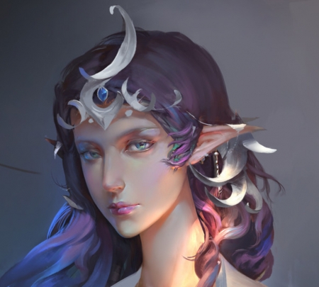 Moon - moon, girl, elf, fantasy, purple, goddess, face, zhongyang han, art, luminos, luna