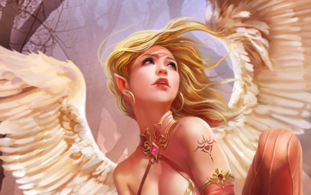 Angel - inger, girl, angel, wings, fantasy, luminos, pink, yunpeng li, blonde