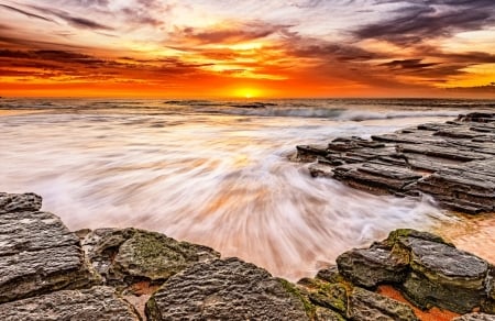 Ocean Sunset - nature, sky, ocean, beach, landscape, dawn, sunset, sand