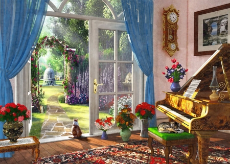 Room with view - piano, beautiful, view, room, spring, interior, art, home