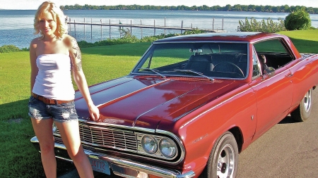 beauty and the beast - blonde, chevrolet, girl, grass